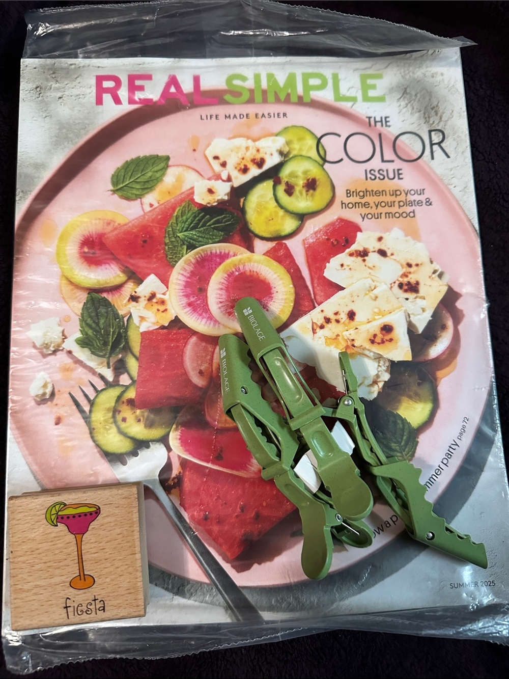 Summer self care kit Biolage hair clips, fiesta martini rubber stamp, magazine